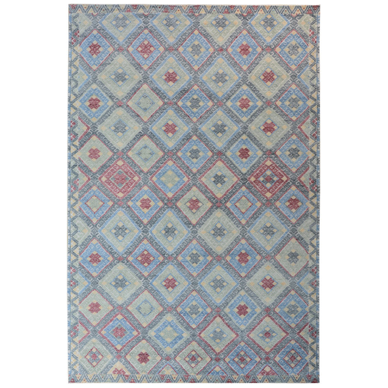 Tapis en laine noué à la main en gris / bleu / rouge, Rectangle 6 pi x 9 pi