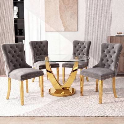 38.9" 5-Piece Modern Round Glass Dining Table Set For 4, Modern Gold Stainless Steel Base Table With Upholstered Velvet Cushioned Chairs, Space-Saving Dining Room Set For Home, Kitchen & Living Room