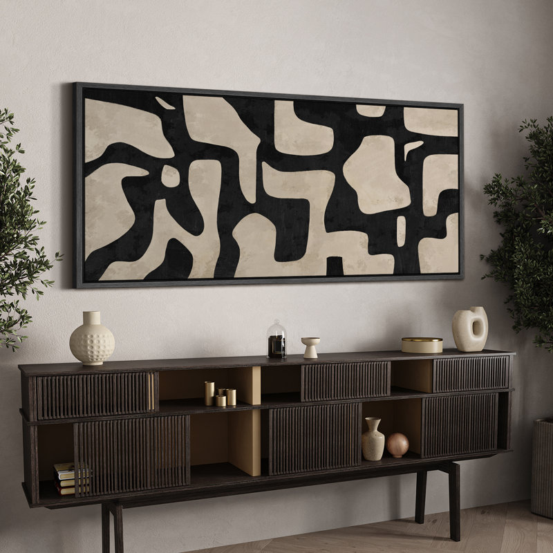 Mid Century Shape Abstract Contours, Black And White Beige Artwork, Retro Bedroom Home Decor, Extra Large Framed Canvas Print Wall Art