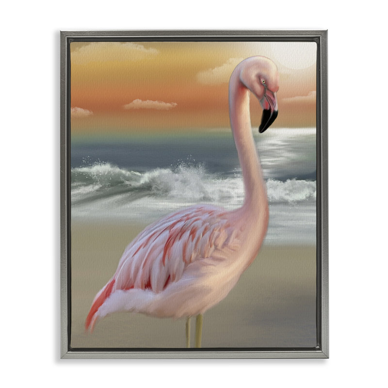 Cadre flottant Coastal Beach Flamingo, design par Matthew Piotrowicz, H 21 po x l 17 po, Cadre flottant gris lustré