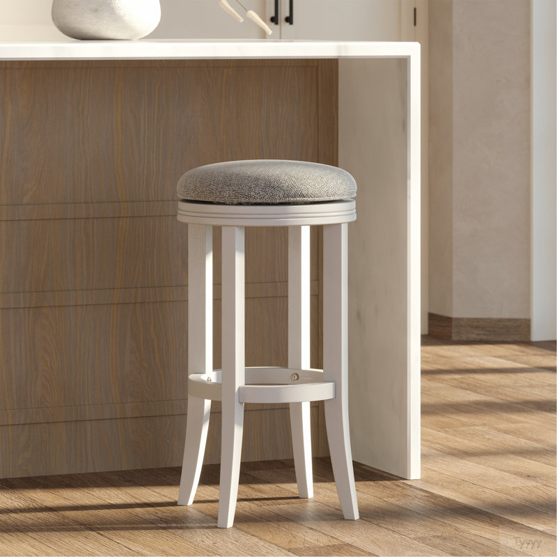 31In. Bar-Height Wood Backless Barstool With Upholstered Gray Swivel Seat, White Frame, 1PC