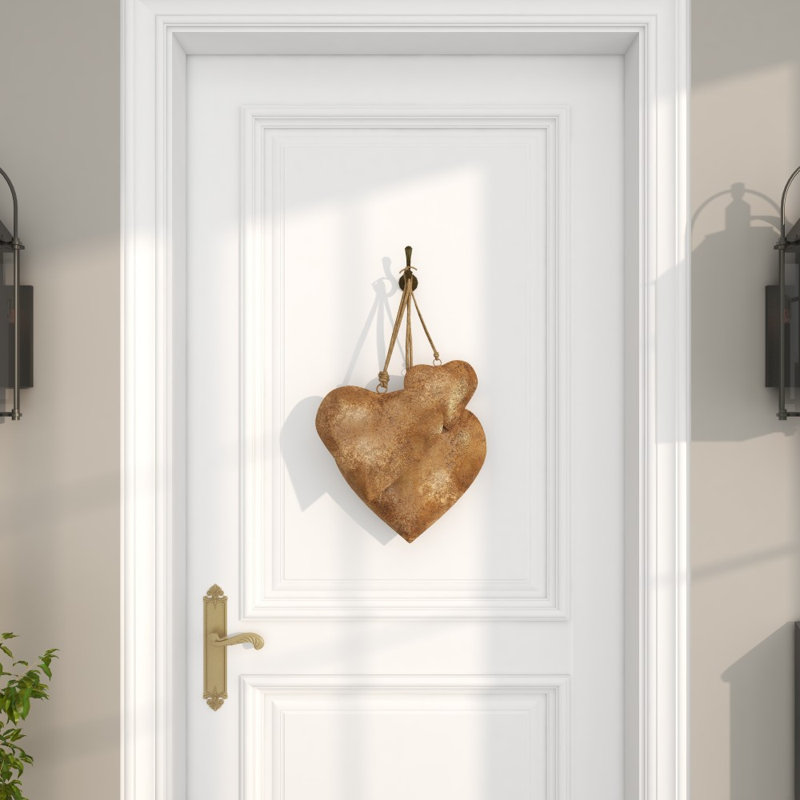Apolonio Metal Tibetan Inspired Weathered Heart Indoor Outdoor Decorative Bells with Jute Hanging Rope Set, Gold