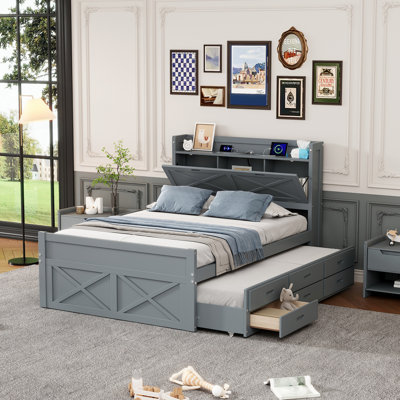 Lit double en bois avec tête de lit avec prises de courant, lit extensible avec lit gigogne simple