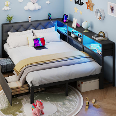 Lit de coin complet avec tête de lit rembourrée, 2 tiroirs de rangement, cadre de lit plateforme en métal avec lumière DEL et station de recharge, lit de jour complet pour salon, chambre