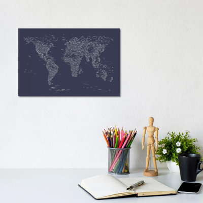Font World Map (Navy Blue) by Michael Tompsett - Wrapped Canvas Print