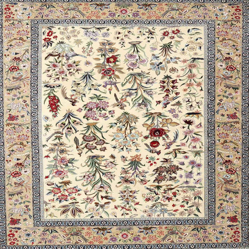 Tapis rouge / beige à motif floral, Carré 6 pi
