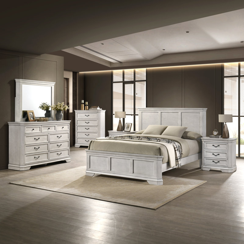Ailany 6 Piece Bedroom Set, King, Antique Walnut, 6 Pcs: Bed, 2 Nightstands, Dresser, Mirror, Chest