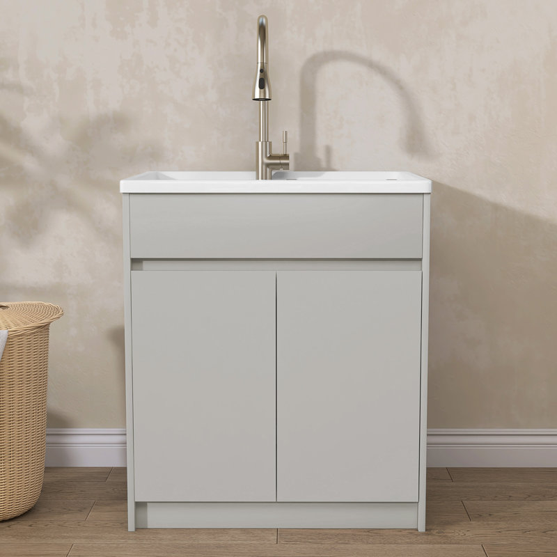 Freestanding 30'' Light Grey Laundry Sink Cabinet with Hot & Cold Water Faucet Drop-in Solid Surface Utility Sink