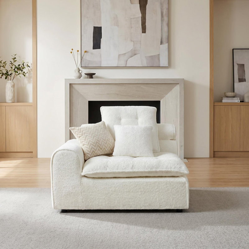 Seat with Left Arm, White Boucle, 30" H  47" W x 41" D, White
