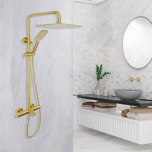 Zen Three Function Thermostatic Exposed Shower Pipe  System With Square 10"x10"x1/5" Rain Shower Head And 3 Functions Hand Shower And Tub Spout.
