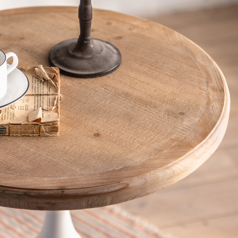 25.6" Alice Round Natural Solid Wood Top End Table Blends Modern&Farmhouse Styles For Living Room&Bedroom, Antique White
