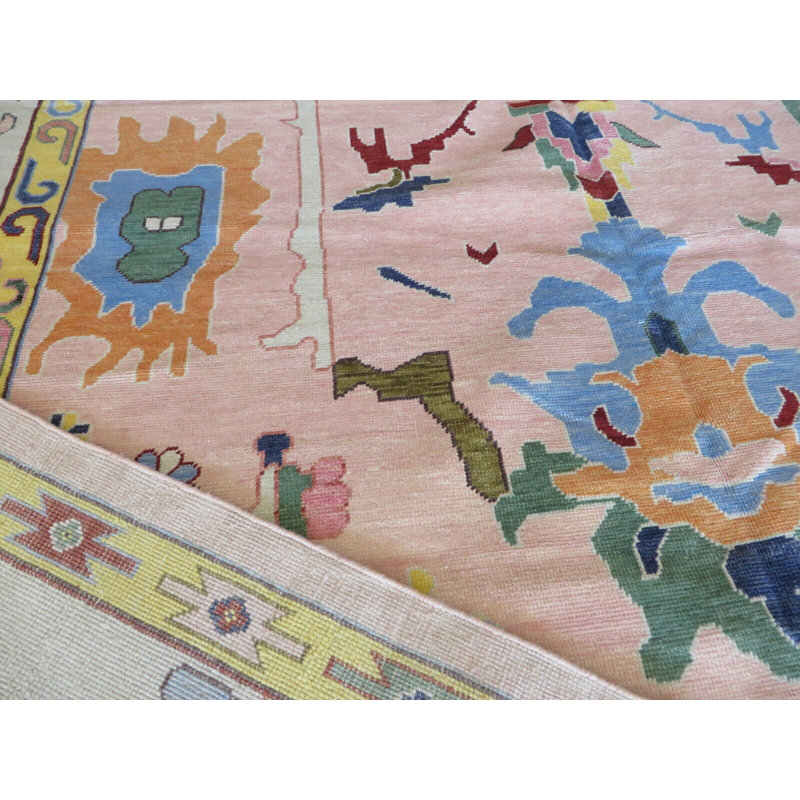 Tapis oriental rose Oushak coloré noué à la main 11 pi 10 po x 15 po 034FDAC774AE47869FCA8F37BE4B0212