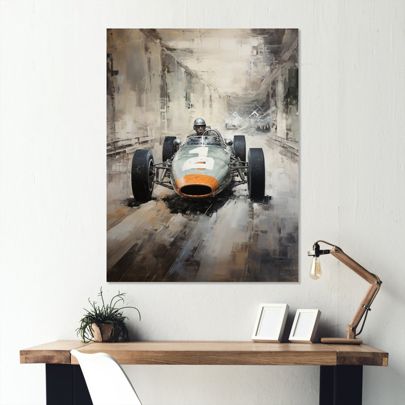 Gris, voiture de course rétro I - art mural en métal, H 40 po x l 30 po x P 1,5 po