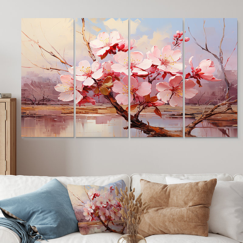 «Pink Whispering Cherry Blossoms II - Flowers», ensemble de 4 décorations murales, H 32 po x l 64 po