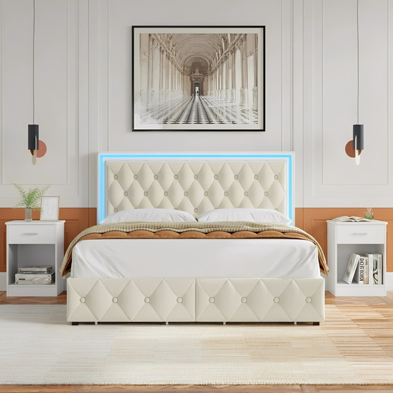 Color: Gray Bed+ Gray Nightstands 4-Drawer PU Storage 3-Piece Bedroom Set, Queen, Cream