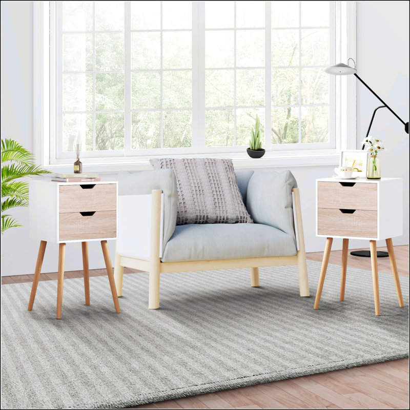 Table de chevet avec 2 tiroirs, Blanc