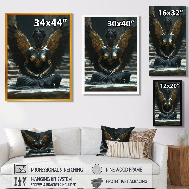 Ange noir et or - salon Wings Angel, Cadre flottant noir, H 32 po x l 24 po