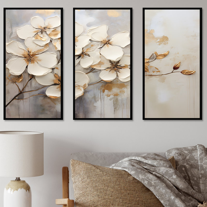 Minimalisme beige - Ensemble d'art mural sur toile violettes, Cadre flottant noir, H 32 po x l 48 po x P 1 po