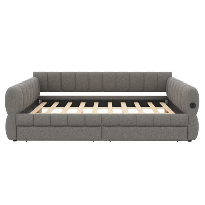King Size Upholstered Platform Bed with USB Charging Ports and 2 Storage Drawers, Gray
