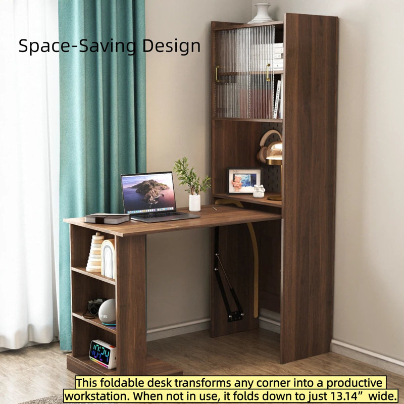 68" Walnut Fold-Flat Desk – 2 Sliding Glass Doors, Pegboard Hook Wall, 13" Depth When Closed, 107 lb, Small-Space Office/Beauty Station