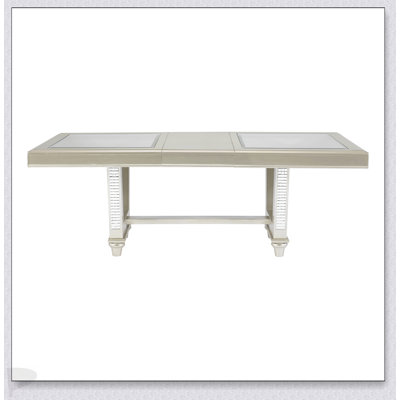 Glamorous Trestle Dining Table With Glass Insert And Extension Leaf, Champagne Finish For Elegant Dining Rooms