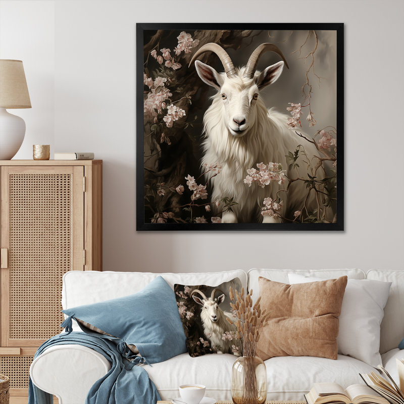 Alpine Alpine goat floral portrait II - Chèvre, art mural, Cadre simple noir, H 36 po x l 36 po x P 1,5 po