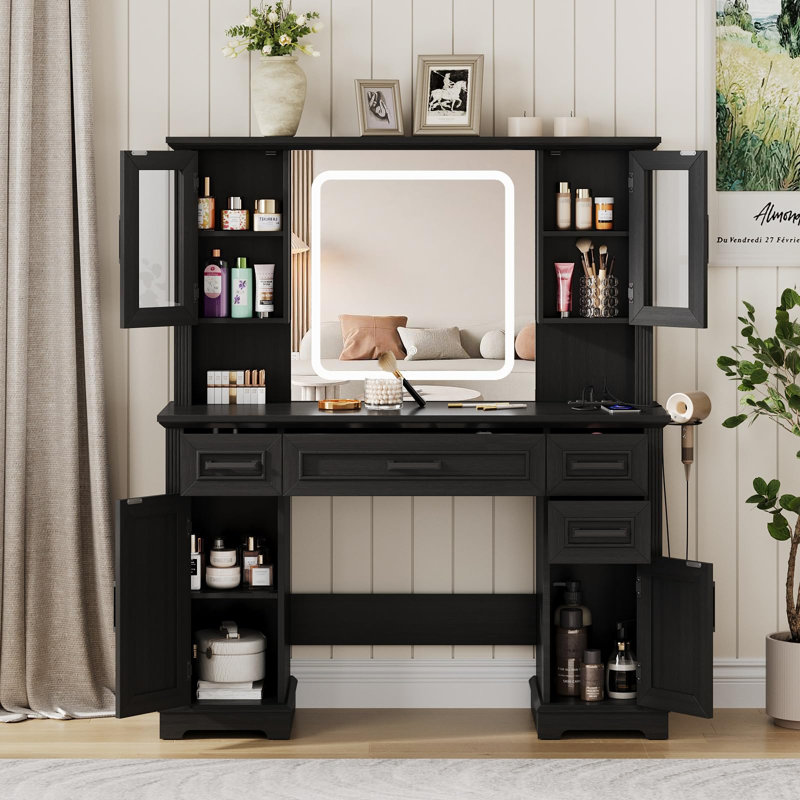 Farmhouse Vanity Desk With Mirror And Lights, Black