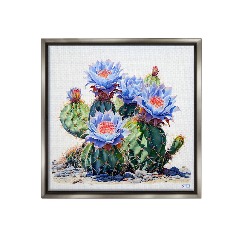"Blue Cactus Blossoms" par RB sur toile, Cadre flottant gris lustré, H 18 po x l 18 po
