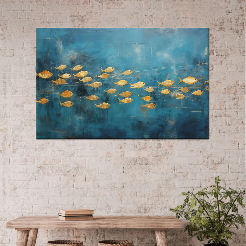 Art mural en verre trempé Golden Fish: impression sur toile bleu animal, toile tendue 1P, H: 23,6 po x l: 35,4 po