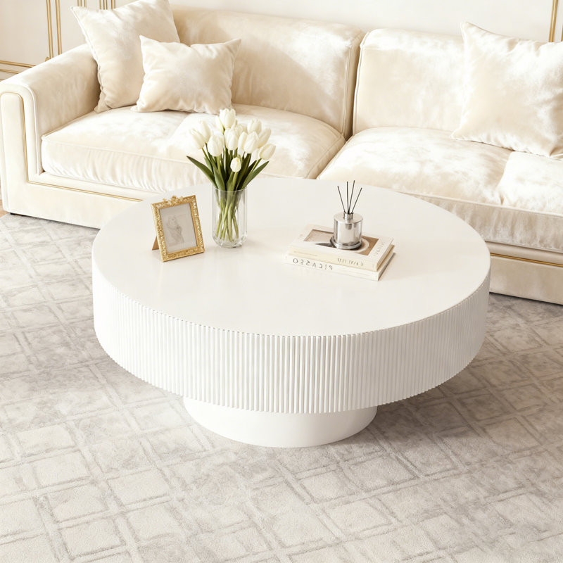 Table basse ronde avec plateau épais, H 16,7 po x L 35,4 po x l 35,4 po, Blanc