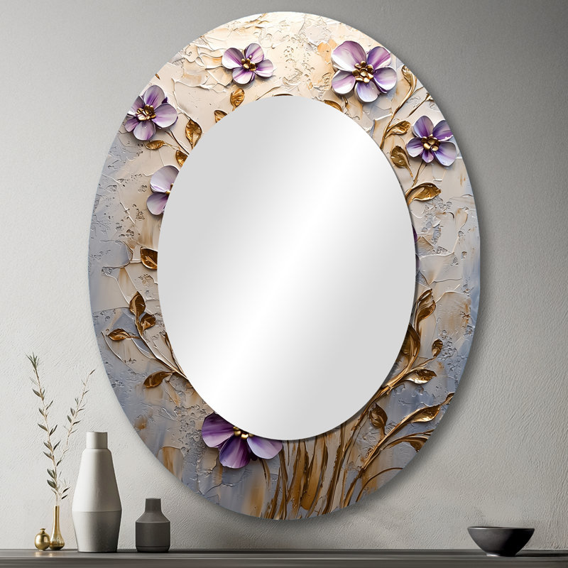 Purple Lilac Golden Flowers Melody II - Floral Oval Decorative Mirror On Metal, 43" x 33"