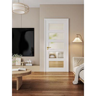 28" x 80" 5-Lite White French Interior Tempered Frosted Glass Door Slab for Pantry Doors, French & Pocket Doors, Solid Core Interior Door w/o Hardware Kit, Prehung Jamb or Borehole