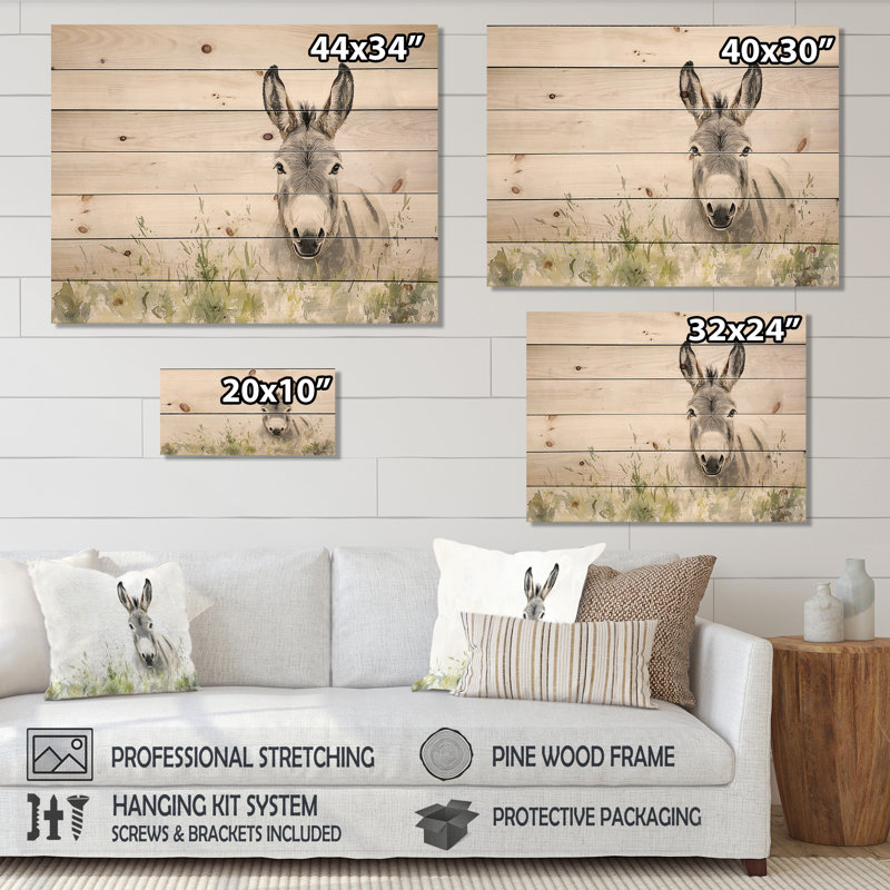 «Gentle Bray Donkey» par The Farm II - Décoration murale moderne en bois sur bois de pin naturel, H 10 po x l 20 po