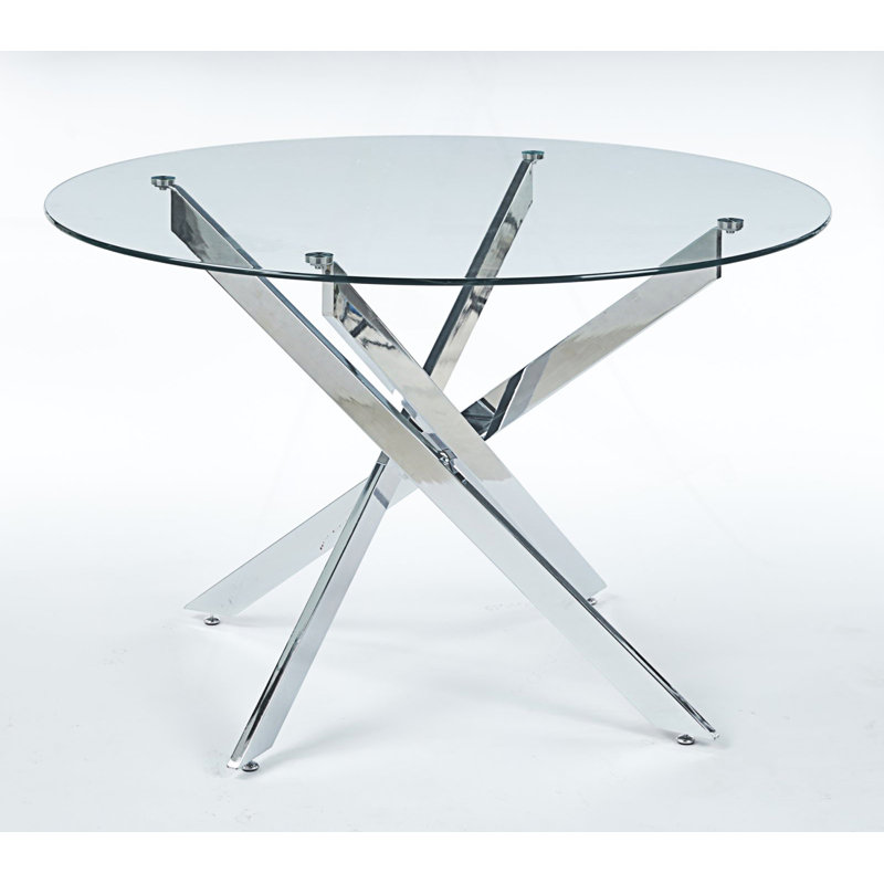 Round Dining Table With Cross Metal Leg And Glass Top, Chrome