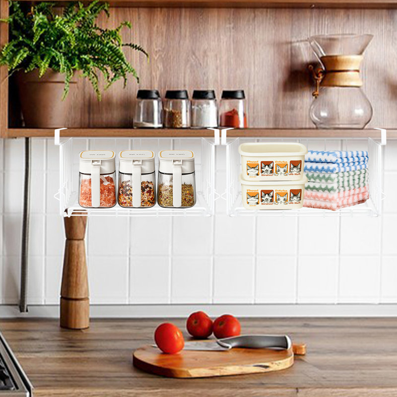 2 Pack Under Shelf Basket, Cabinet Storage Hanging Organizer Wire Rack Shelves for Kitchen Pantry, White