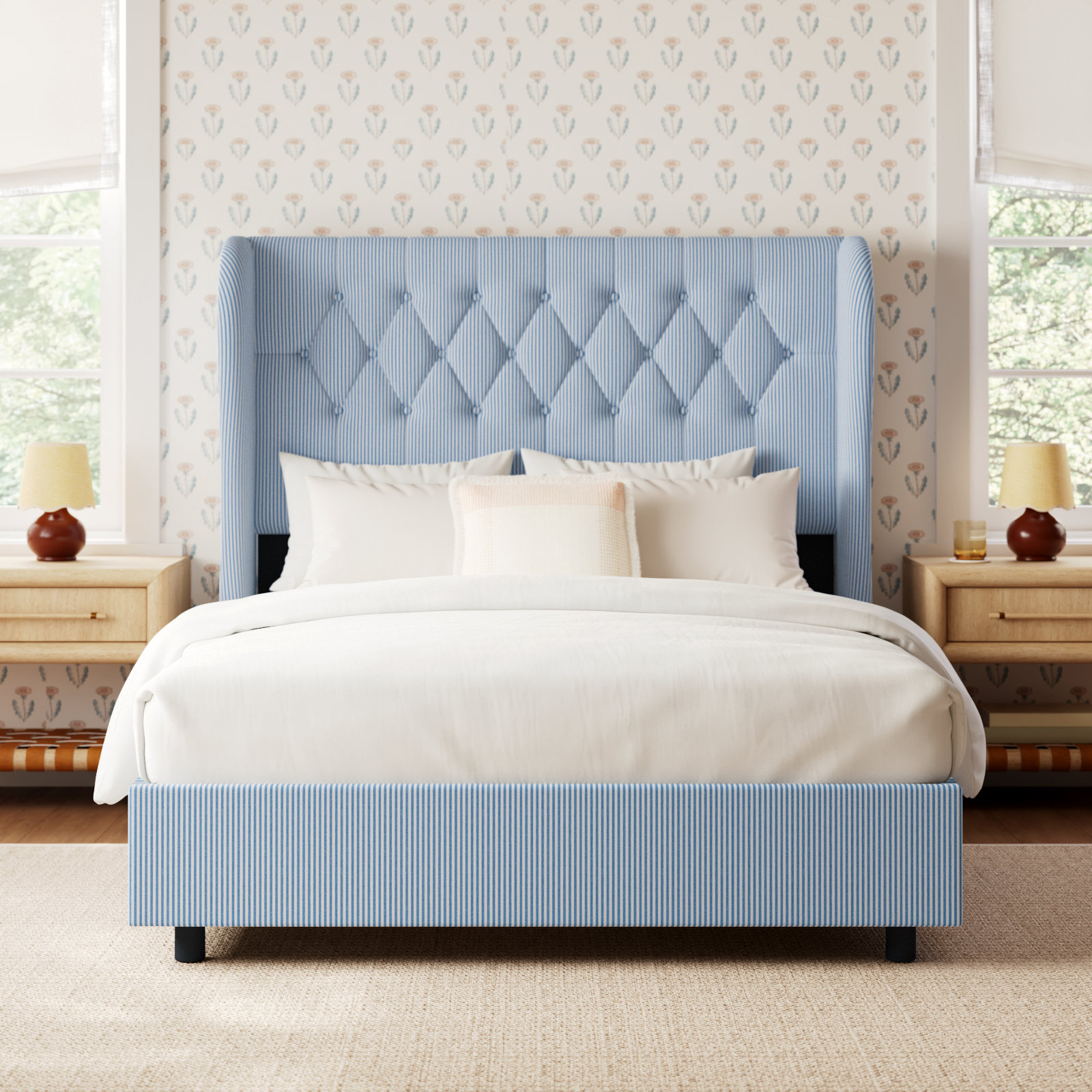Tomey Cotton Upholstered Wingback Bed, Queen, Prep Stripe Blue