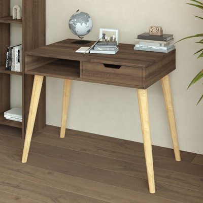 Modern Study Desk with Wall-Mount Option, Antique Walnut Finish, 35.4 x 31.5 x 23.6 inches | 100% Melamine Coated Particle Board, 0.7 inches Thick | Multiple Shelves for Organization, Stylish & Functional Design
