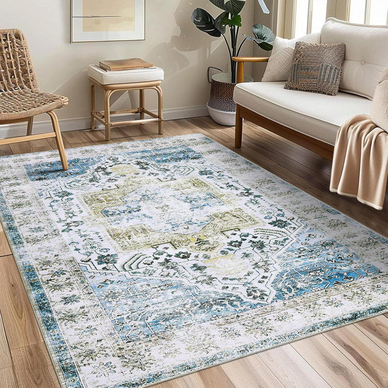 2x6 Runner Rug Kitchen Hallway Entryway – Vintage Floral Oriental Design Non-Slip Stain Resistant Low Pile Floor Covering (Blue)