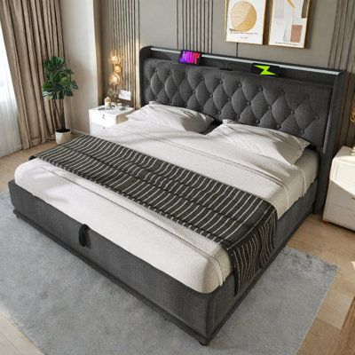 Lit rembourré avec rangement hydraulique, charge USB et Type-C et éclairage ambiant à 360 °