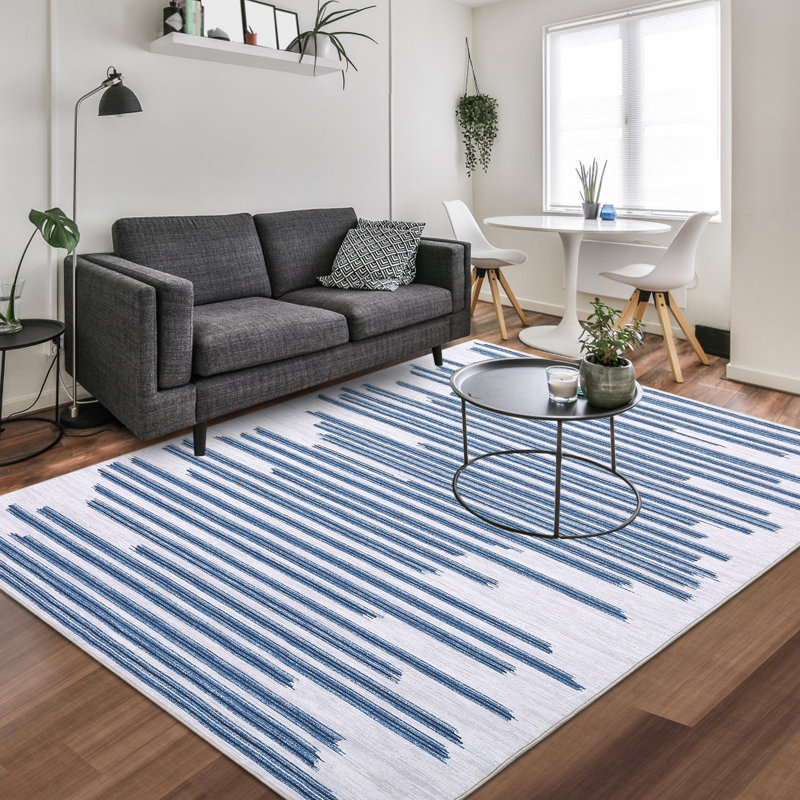 Tapis rayé en polyester bleu Kr Krellyn, Rectangle 5 pi x 7 pi