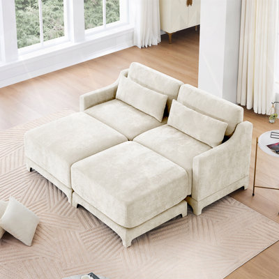 high - quality wood frame two - seater sofa with 2 Ottomans