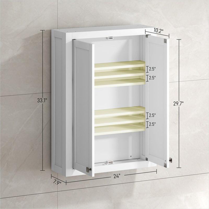 Meuble de salle de bain mural classique blanc en MDF avec étagères réglables, largeur de 61 cm (24 pouces) pour les espaces restreints