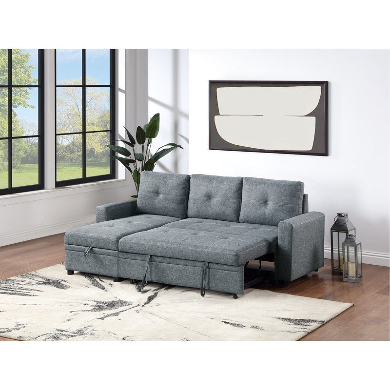 Modern Living Room Sectional With Pull Out Bed And Chaise Storage In Black Gray Polyfiber Contemporary L-Shaped Polyfiber,
