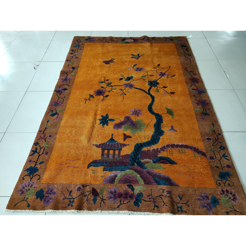Wool Chinese Art Deco Hand Knotted Pile Antique 1920s Floral Rug