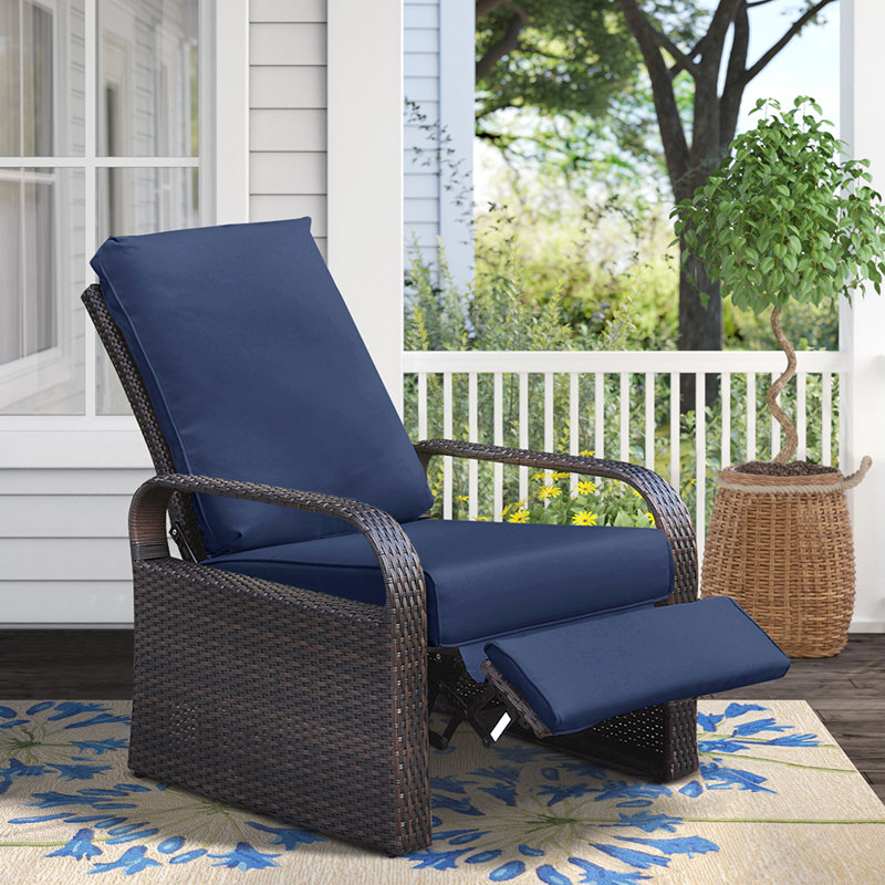 Outdoor all-weather aluminum+PE wicker adjustable recliner patio chair with cushion, Navy Blue, Black
