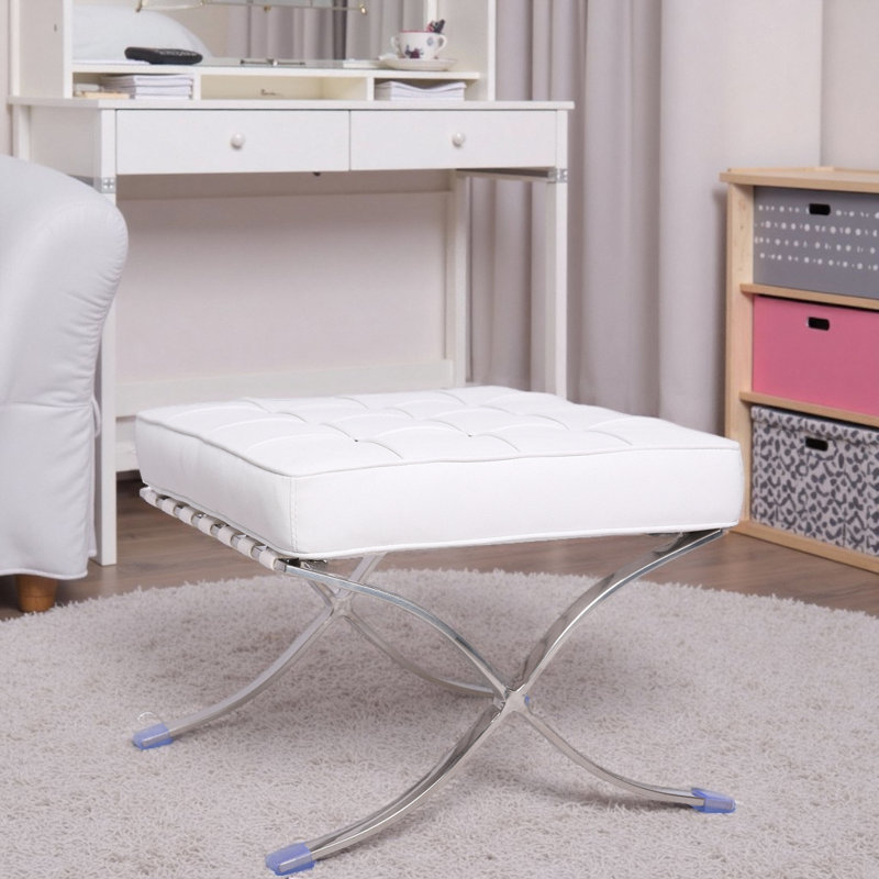 Repose-pieds en cuir capitonné Classic avec structure en acier inoxydable, Cuir assorti blanc
