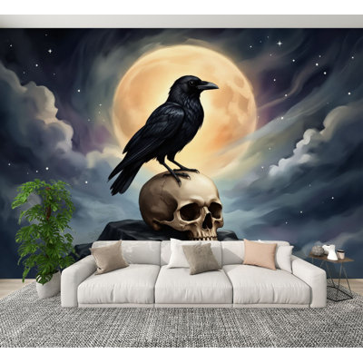 Peel and Stick Wallpaper Raven Perched Skull Full Moon Dramatic Clouds Dark Gothic Style Wall Murals 100"H x 144"W Removable PVC Wall Paper Self-Adhesive Wall Decor for Bedroom Living Room Home Office