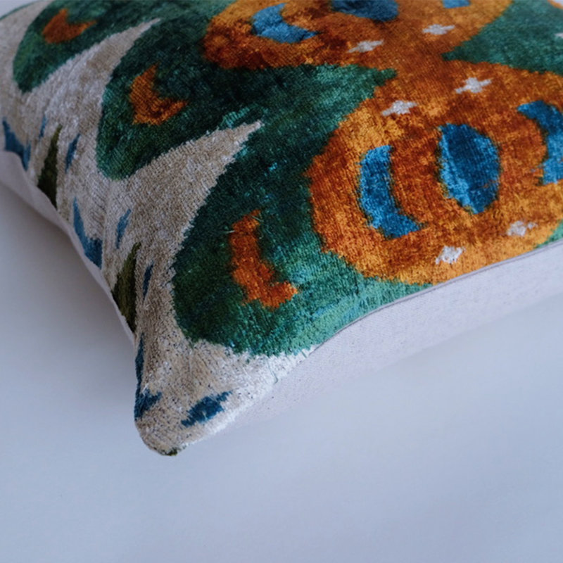Kara Feather Throw Pillow, 20" x 20", Green/Orange Ikat 3