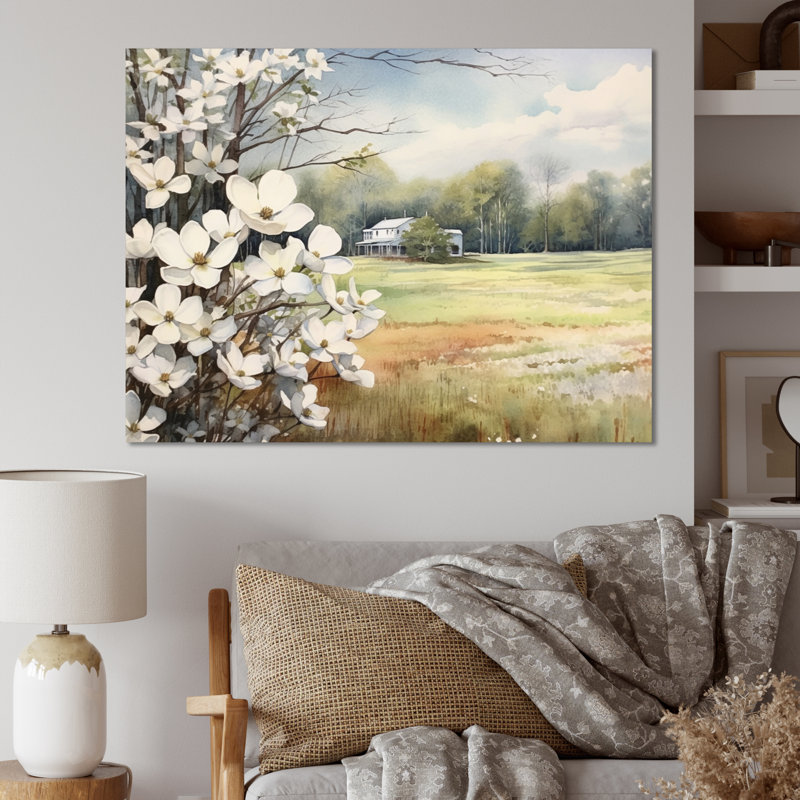 Cornouiller blanc gris à la ferme I - Art mural floral, H 16 po x l 32 po x P 1 po, Toile tendue