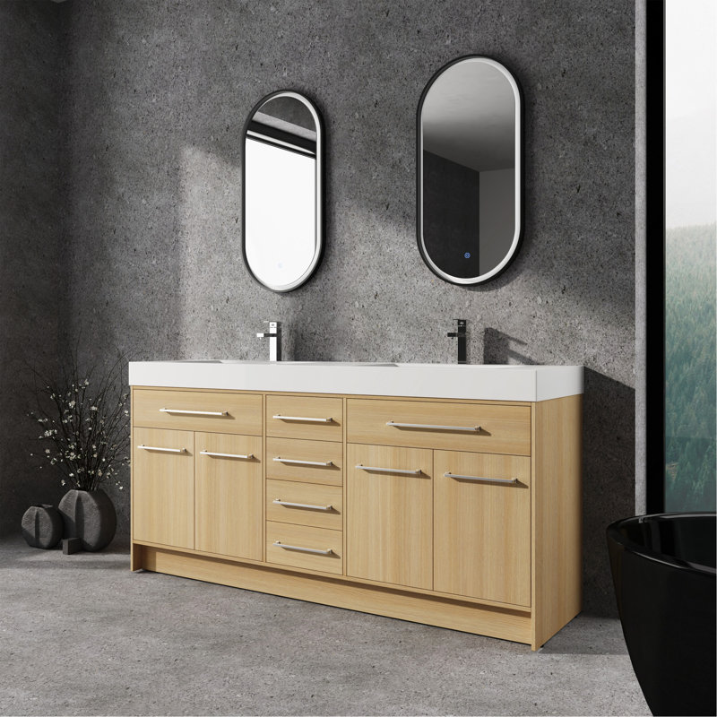 72" Freestanding Bathroom Vanity with Double Resin Sink, 4-Soft Closing Door & 6-Soft Closing Drawer, Original Oak, Plywood